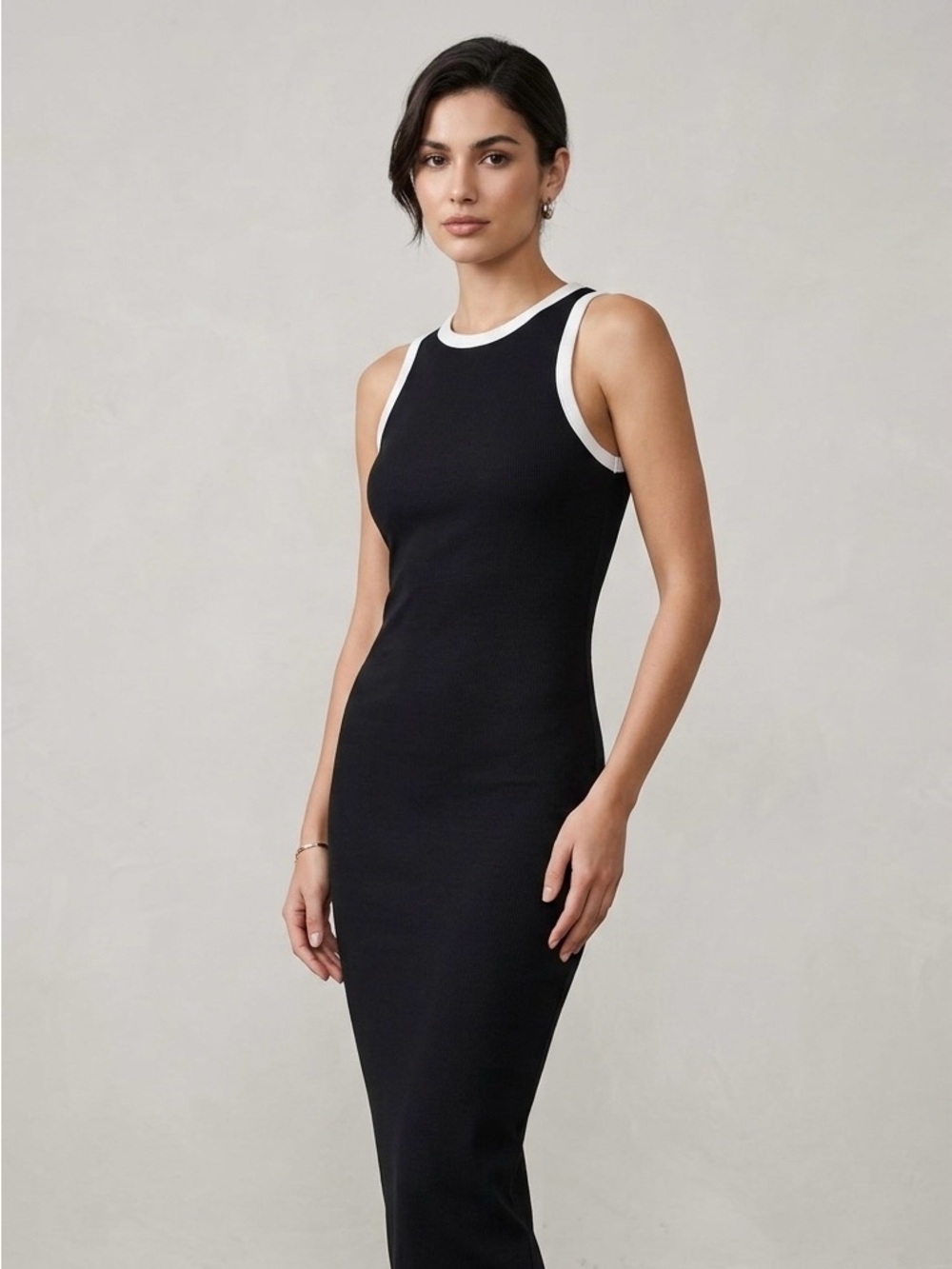 Zara Black Sleeveless Midi Dress with White Trim